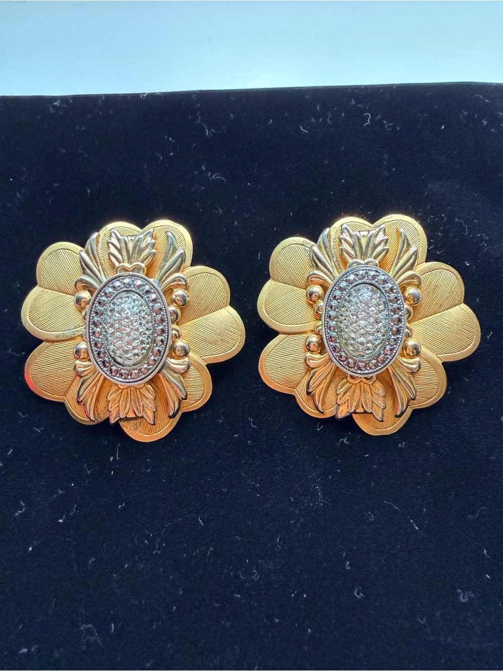 Vintage Gold Floral Crystal Oval Statement  Clip on Earrings